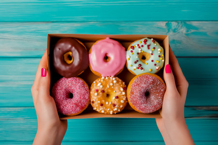 Female hands holding box with colorful donuts on blue wooden background.の素材