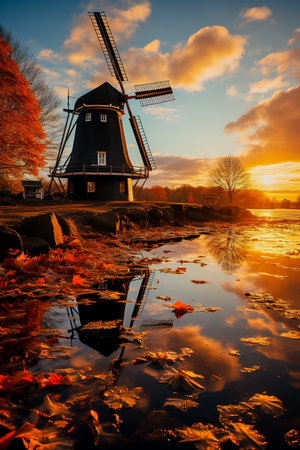 Holland windmill, water mirrored.の素材