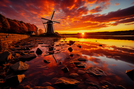 Holland windmill, water mirrored.の素材