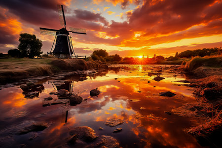 Holland windmill, water mirrored.の素材