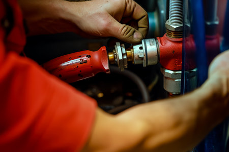 Hands of plumber assembling sink pipes, close up.の素材