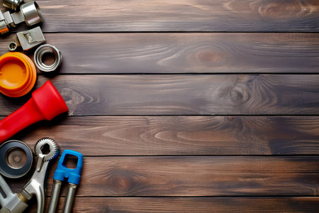 Plumber tools on a wooden background with empty space for text. Top view.の素材