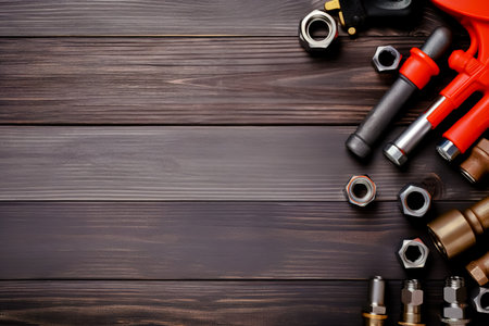 Plumber tools on a wooden background with empty space for text. Top view.の素材