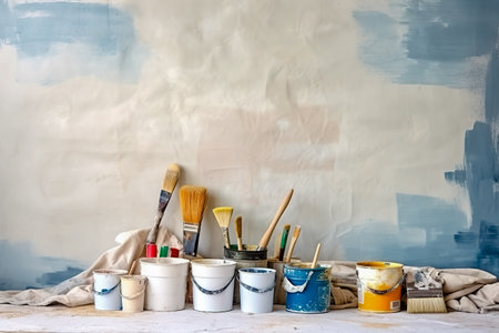 Set of tools and paints for making repair in flat with empty space for text.の素材
