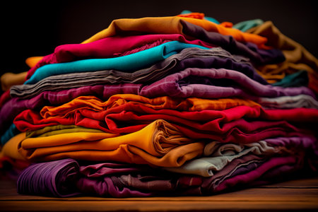 Stack pile of colorful textile fabric cloth material made from linen and cotton.の素材