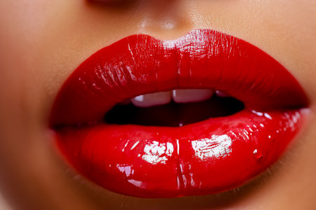 Woman applying red lipgloss. Closeup. Generative Aiの素材