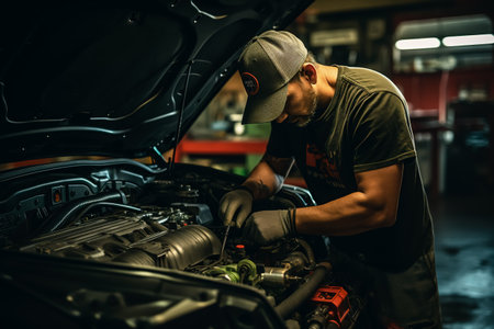 Male auto mechanic fixing car garage in at night. Close-up.の素材