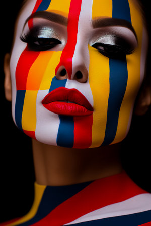 Woman's face is painted with multicolored lines on her face. Close up.の素材