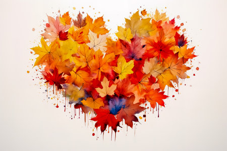 Heart shape of yellow autumn leaves on white background. Watercolor drawing.の素材