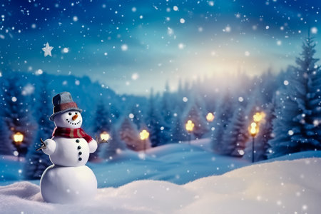 A snowman in winter. Elegant New Year's Eve celebration postcard.の素材