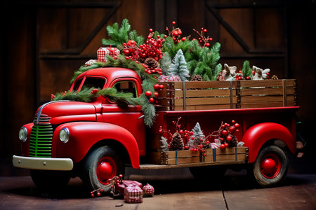 The red truck is filled with Christmas trees and toys.の素材