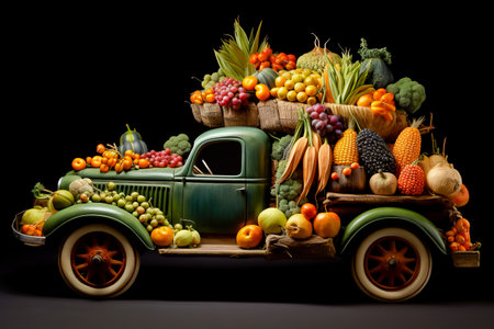 Retro truck filled with different kinds of vegetables. Harvesting concept.の素材