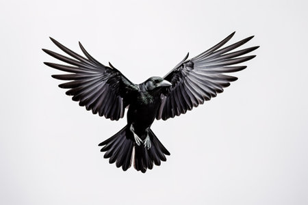 Black crow flying with wings spread on white background.の素材