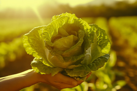 A farmer holding a cabbage stool in a field on a sunny afternoon. Close-up.の素材