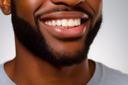 The white smile of an African-American man with a beard. Close-up.の素材