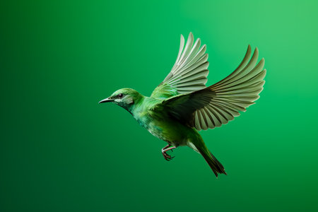 Green bird flying with wings open on a green background. Close-up.の素材