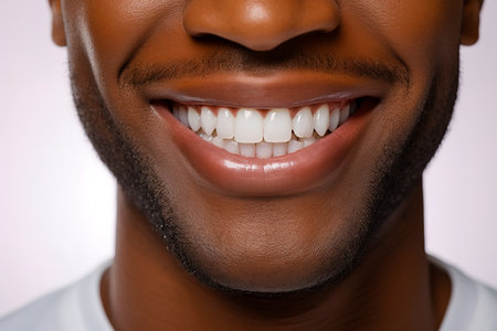 The white smile of an African-American man with a beard. Close-up.の素材