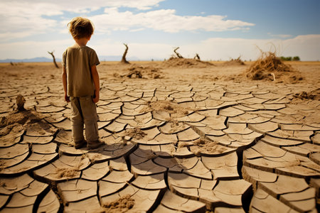 Child staying in landscape of extreme drought.の素材