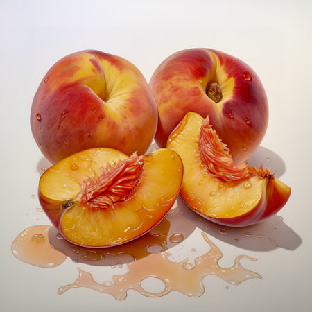 Ripe peaches delight on white.の素材