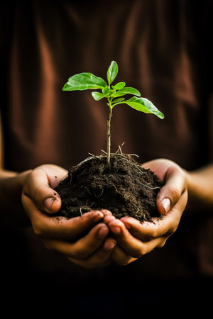 Hands holding small tree for planting.の素材