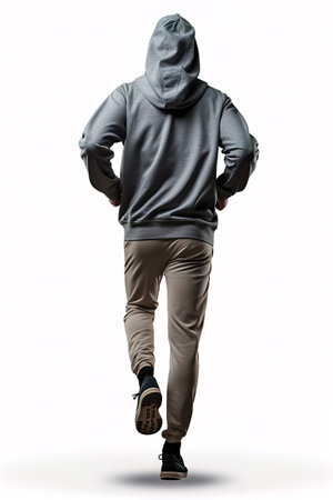 Rear backside view of male runner in hooded on white background. Rear view.の素材