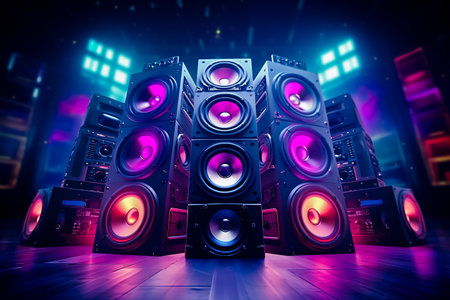 Bunch of speakers that are stacked on top of each.の素材