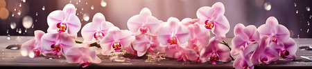 Bunch of pink and white orchid flowers with water droplets.の素材