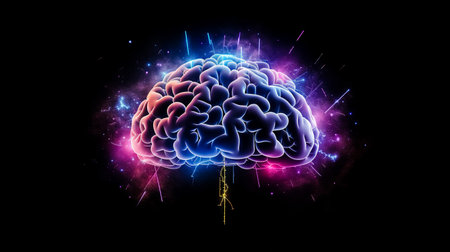 Black background with a galaxy colored brain with colored lighting.の素材
