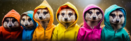 Group of meerkats wearing of colored coats and hoods.の素材