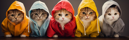 Group of cats wearing colored coats and hoods.の素材