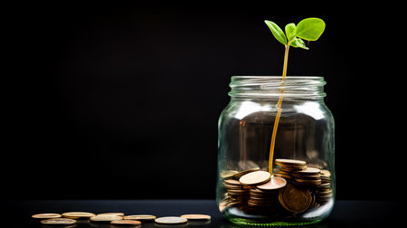 A green sprout sprouts from a jar of coins.の素材