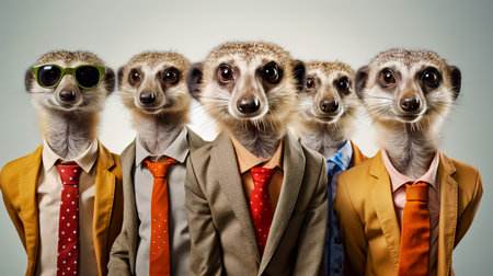 Group of meerkats in tie on white background.の素材