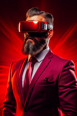 Man with beard wearing suit and red virtual glasses on red background.の素材