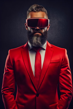 Man with beard wearing suit and red virtual glasses on red background.の素材