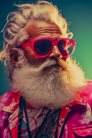 Old man with white beard wearing pink sunglasses.の素材