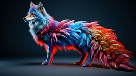 A blue and red wolf full-length side view, covered in peacock feathers.の素材