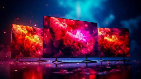 3 different sizes wide smart TV's with red backlight.の素材