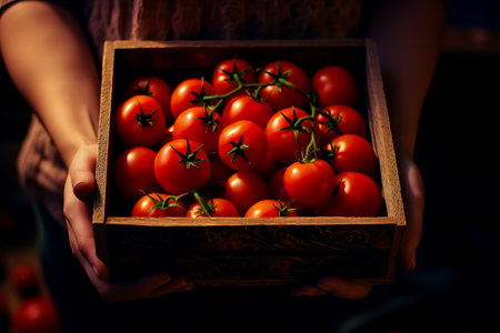 A woman's hands are holding a box of tomatoes. Close-up girl's hands with red tomatoes.の素材