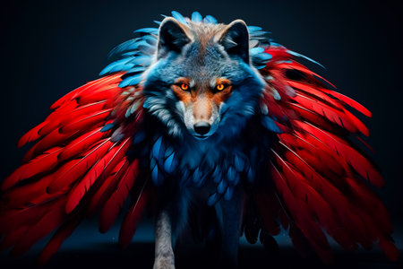 A blue and red wolf covered in peacock feathers.の素材