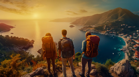 A group of people with colored backpacks stand on top of a cliff overlooking the sea in the city.の素材