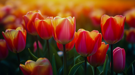Amazing blooming colorful Tulip. Beautiful red tulip flowers growing in field. Dutch landscape in the Netherlands.の素材