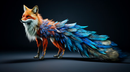 A blue and red fox full - length side view, covered in peacock feathers.の素材