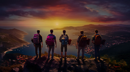 A group of people with colored backpacks stand on top of a cliff overlooking the sea in the city.の素材