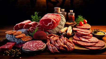 Assortment of cold meats, variety of processed cold meat products. On a wooden background.の素材