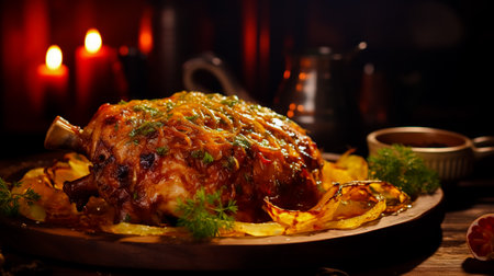 Baked pork shank with sauerkraut on a wooden table.の素材