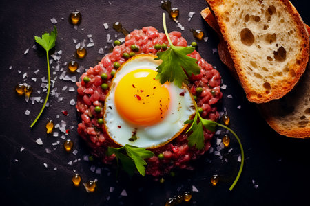 Beef steak tartare with raw egg yolk. French cuisine. Top view. Serving food in a restaurant.の素材