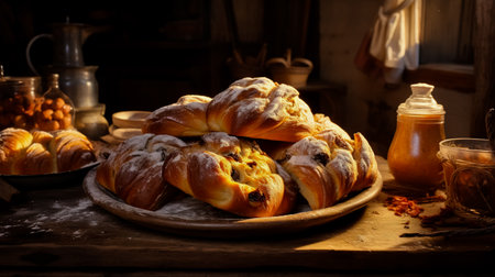 Bakery product Kubdari in Georgian, on the table.の素材