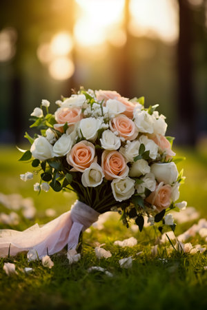 Beautiful bridal bouquet on a green lawn.の素材