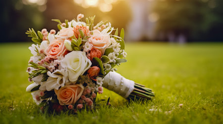 Beautiful bridal bouquet on a green lawn.の素材