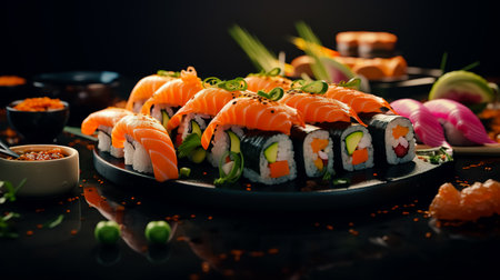 California sushi roll with crab, avocado, cucumber and Tobiko caviar served. Japanese food.の素材